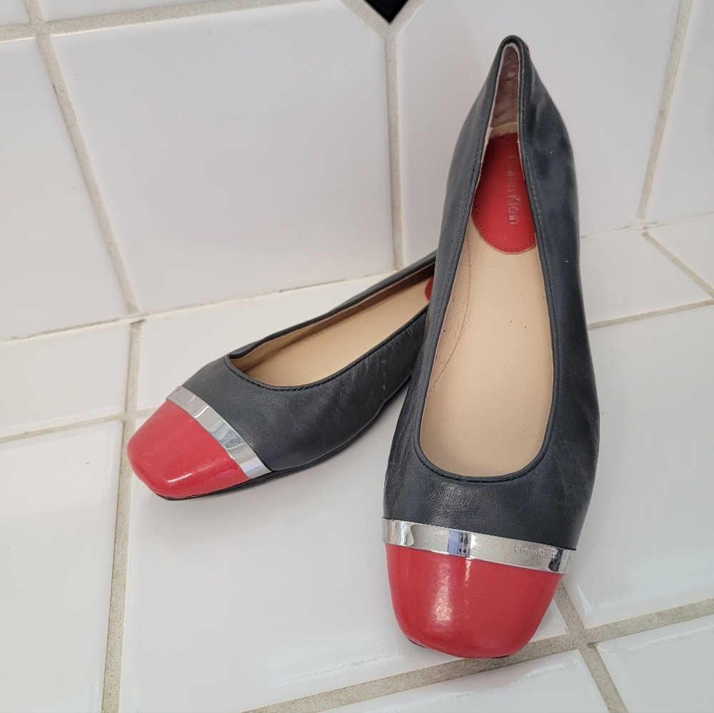Calvin Klein Black and Red Leather Flats with Silver Accent